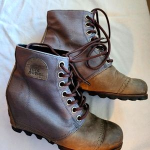 Sorel Womens Gray Canvas Leather Waterproof Lace Up PDX Wedge Boots Size 8.5